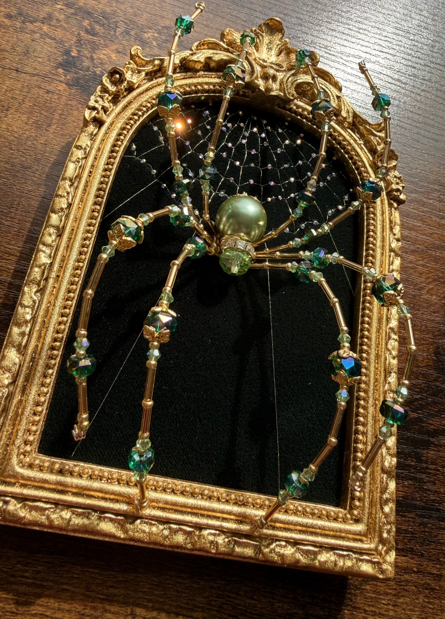 Green&Gold framed spider and embroidered web