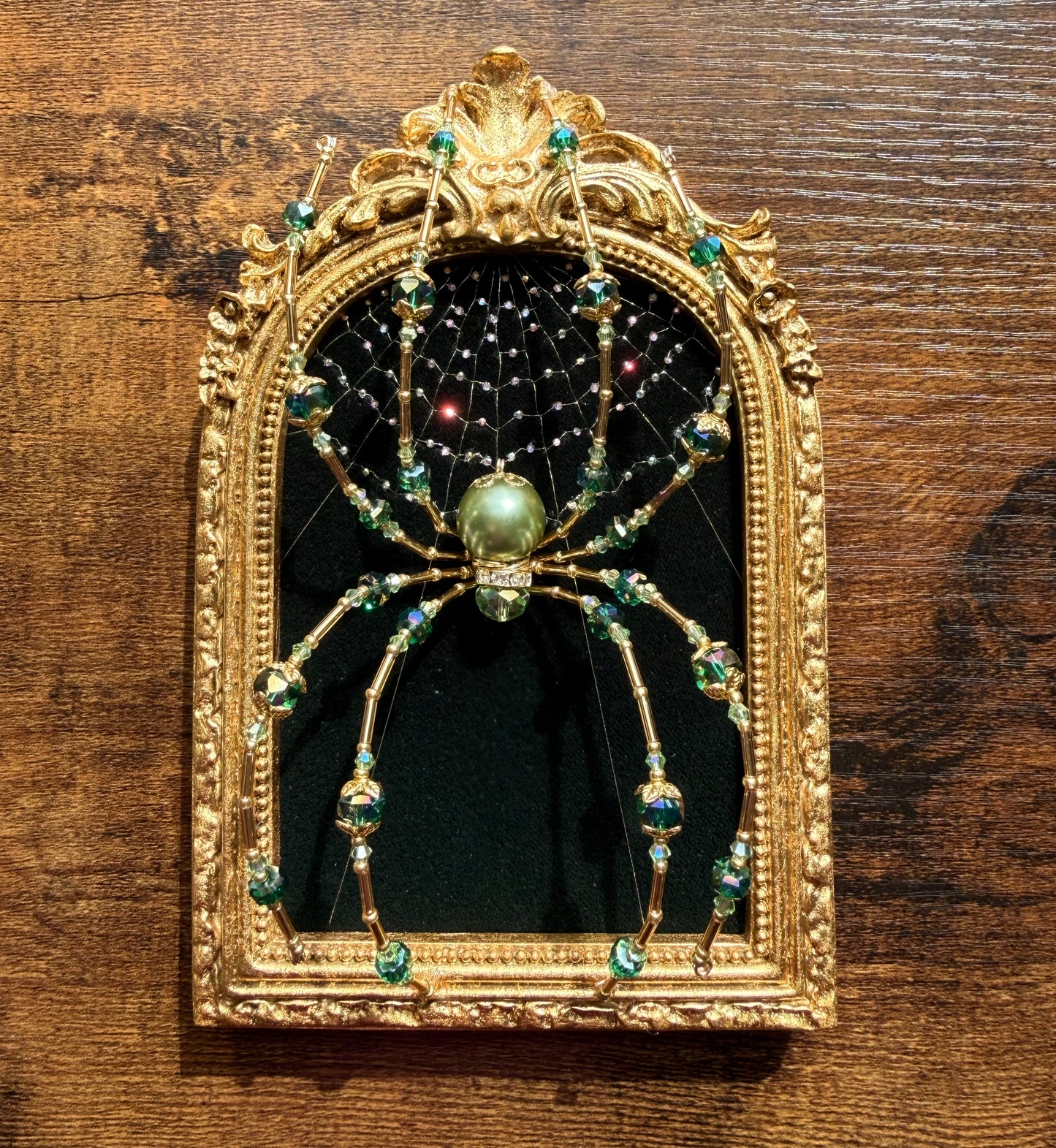 Green&Gold framed spider and embroidered web