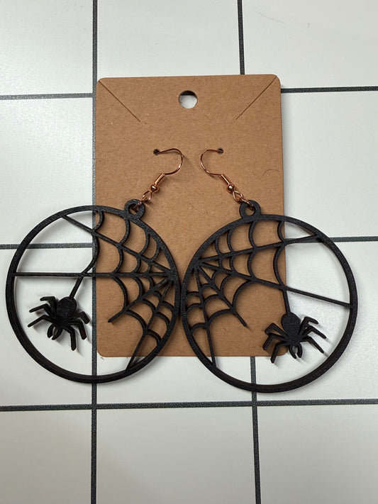 Black Wooden Spider & Spider Web Earrings